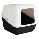The Arm & Hammer Large Hooded Litter Pan by Arm And Hammer is a black and white rectangular box with an open entry, featuring a white top, black base for pet privacy, and a carbon filter to neutralize odors.