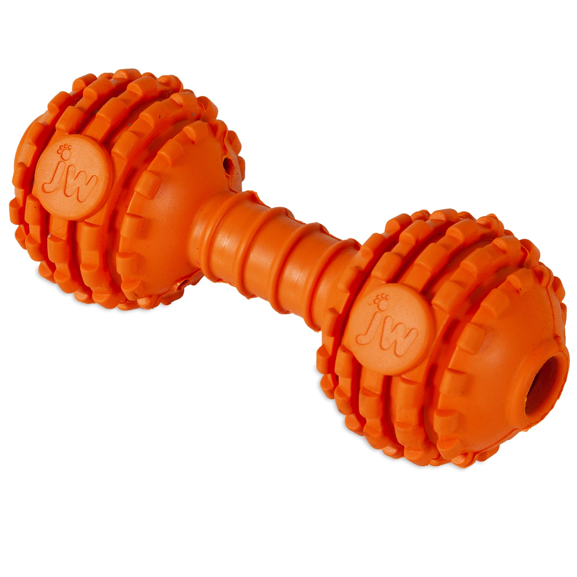 The JW Chompion Dog Chew Toy by Jw is an orange rubber dumbbell for strong chewers, featuring textured, bumpy ends to promote healthy teeth and gums. It has JW imprinted on each end.