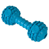 The JW Chompion Dog Chew Toy by Jw is a blue rubber dumbbell with raised bumps and JW imprinted on each end. Designed for strong chewers, it has a ridged center grip perfect for interactive play while promoting healthy teeth and gums.
