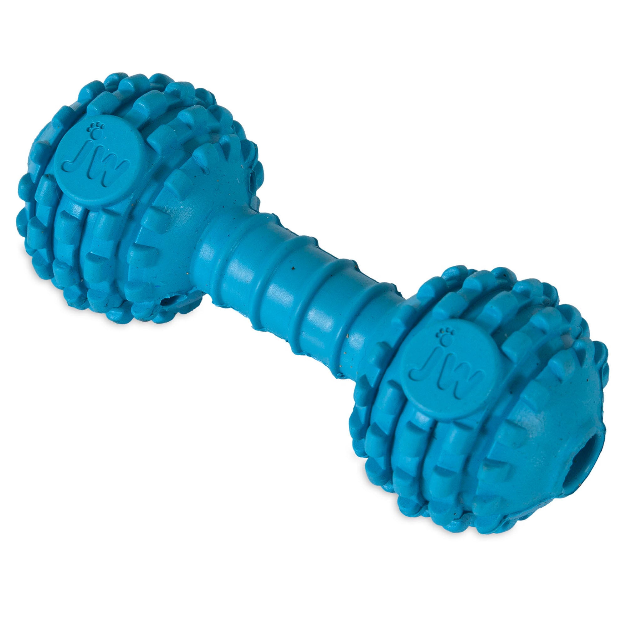 The JW Chompion Dog Chew Toy by Jw is a blue rubber dumbbell with raised bumps and JW imprinted on each end. Designed for strong chewers, it has a ridged center grip perfect for interactive play while promoting healthy teeth and gums.