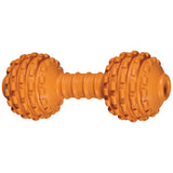 The JW Chompion Dog Chew Toy by Jw is an orange rubber dumbbell-shaped toy with textured, knobby ends for strong chewers. It promotes healthy teeth and gums while offering hours of engaging fun.
