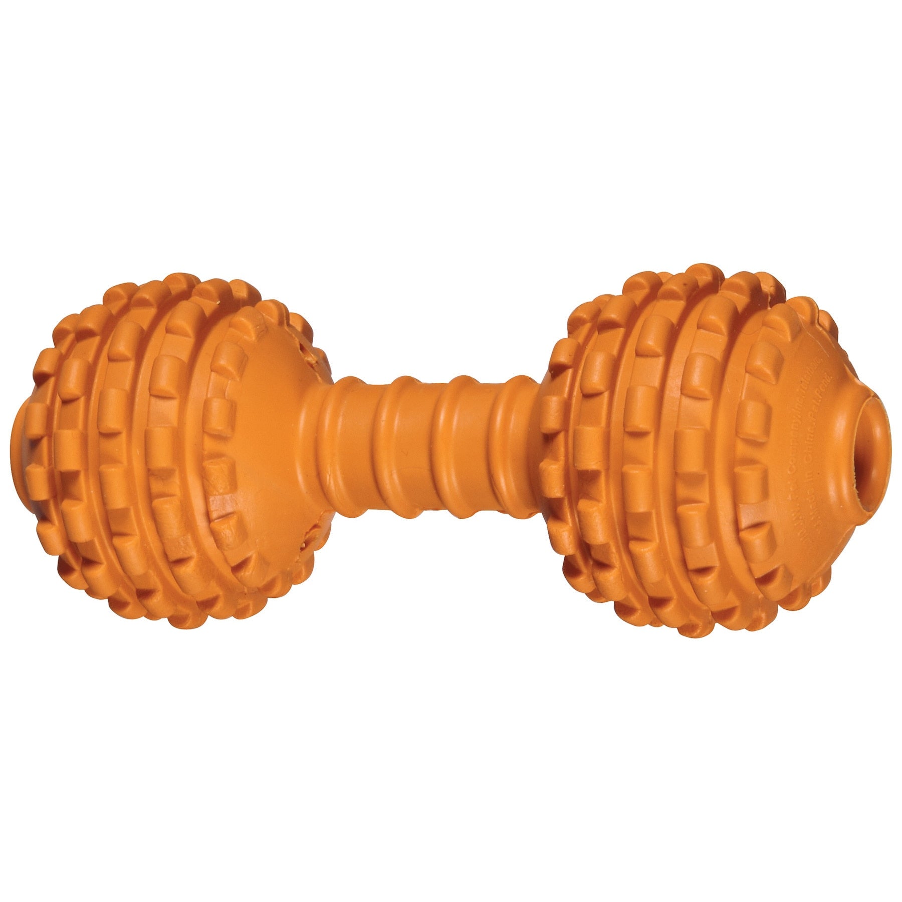 The JW Chompion Dog Chew Toy by Jw is an orange rubber dumbbell-shaped toy with textured, knobby ends for strong chewers. It promotes healthy teeth and gums while offering hours of engaging fun.
