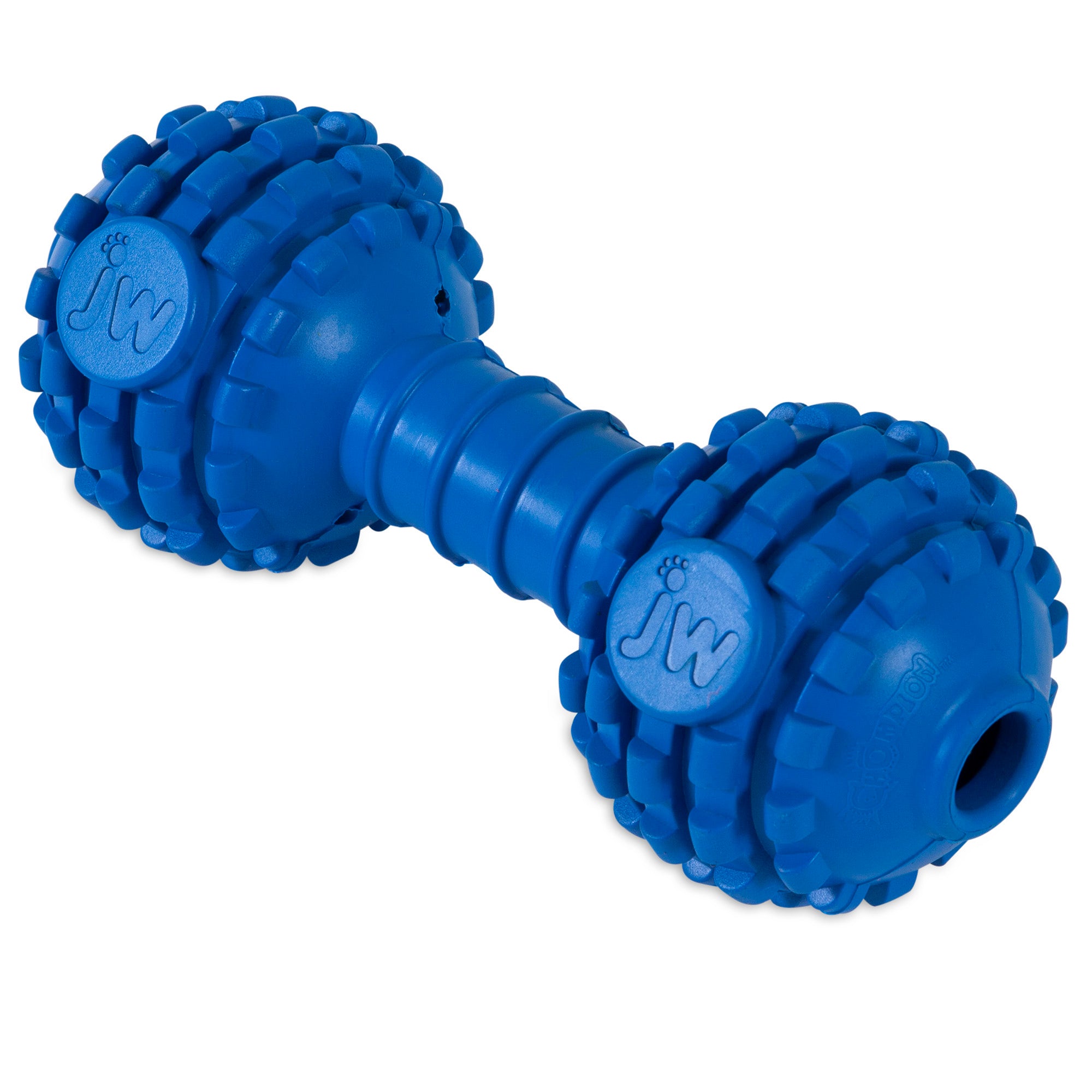 The JW Chompion Dog Chew Toy by Jw is a blue rubber dumbbell-shaped toy ideal for strong chewers, featuring textured bumps for healthy teeth and gums with JW embossed on both ends.
