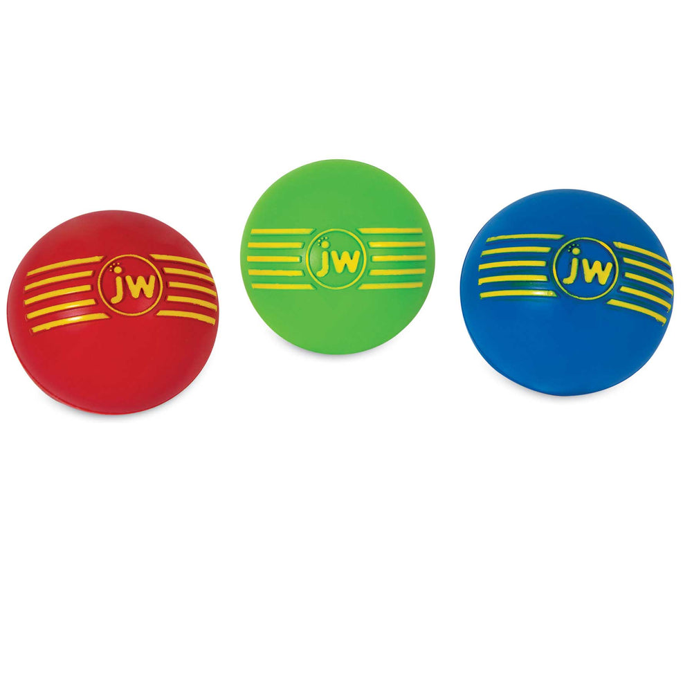 The JW iSqueak Ball set includes three textured rubber balls—red, green, and blue—with the Jw logo and yellow stripes. Made from heavy-duty rubber with Safe-Squeaker Technology, theyre perfect for endless safe play.