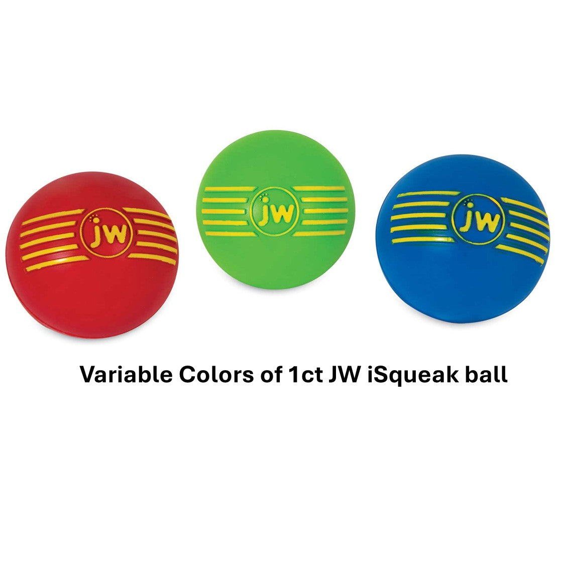 Three JW iSqueak Ball 1pack rubber squeaky dog toys by Jw, shown in red, green, and blue with yellow stripes and logo above "Variable Colors of 1ct JW iSqueak ball." Durable and safe for lasting play.
