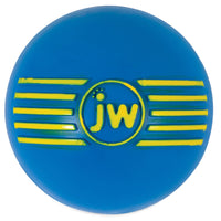 The JW iSqueak Ball by Jw is a blue, heavy-duty rubber ball with a yellow jw design and two sets of three parallel lines. It includes Safe-Squeaker Technology for endless fun.