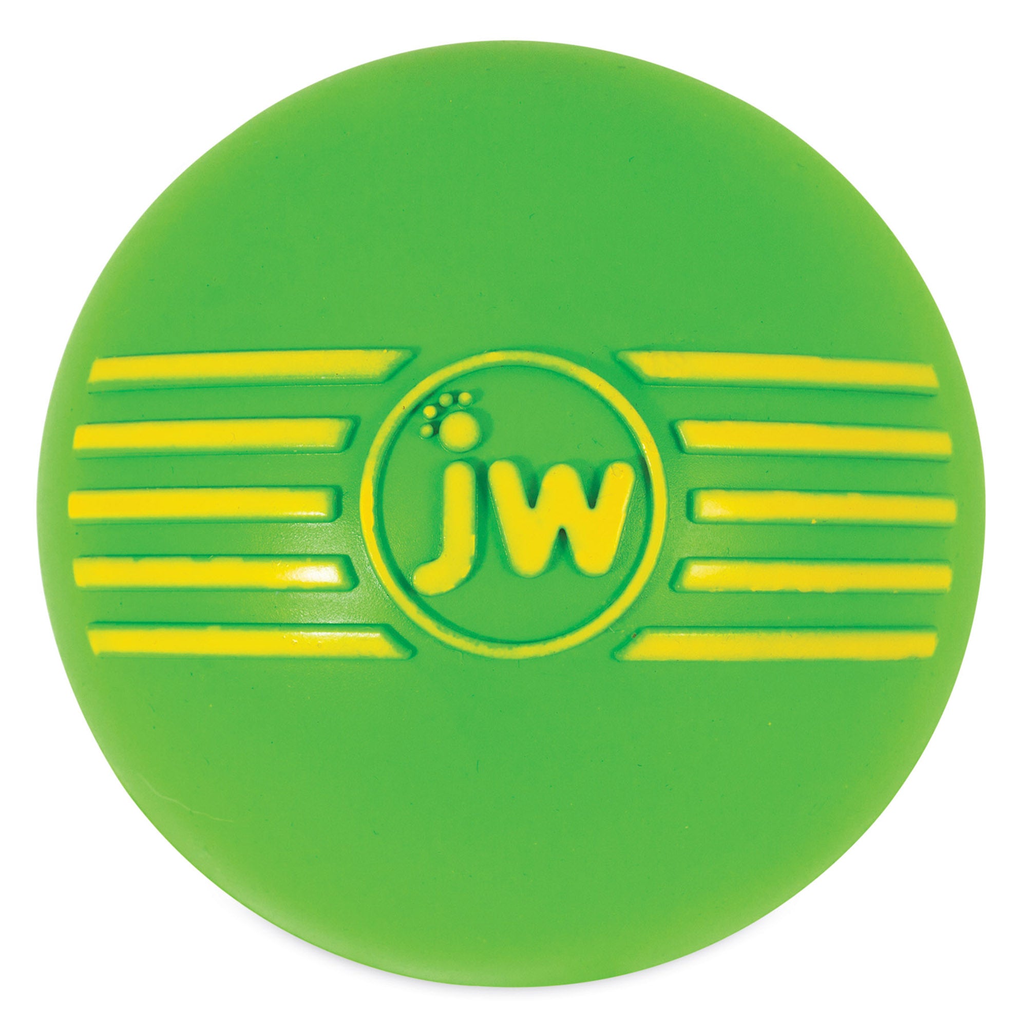 The JW iSqueak Ball, a green rubber ball with yellow embossed stripes and jw at its center, features heavy-duty rubber construction and Safe-Squeaker Technology, ensuring endless fun while keeping play safe and engaging for all.