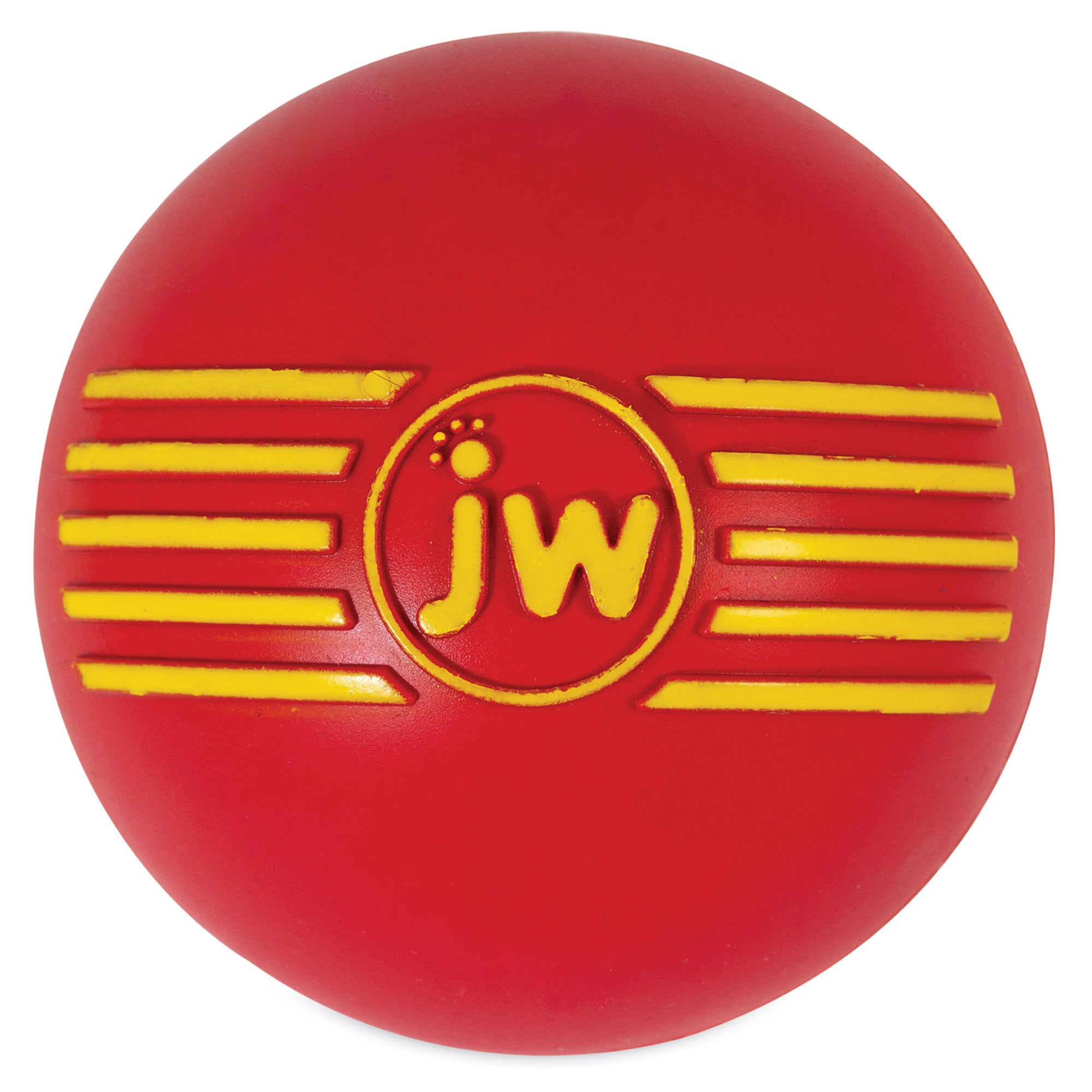 The JW iSqueak Ball by Jw is a red rubber ball with yellow embossed lines and jw in the center, featuring Safe-Squeaker Technology.