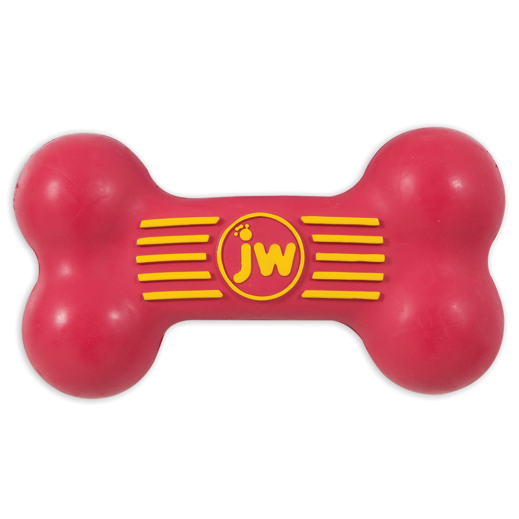 The JW Small Dog Toy Bundle includes a red iSqueak Bone Dog Toy with rounded ends and a textured yellow jw design at the center.