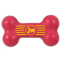 The JW Small Dog Toy Bundle includes a red iSqueak Bone Dog Toy with rounded ends and a textured yellow jw design at the center.