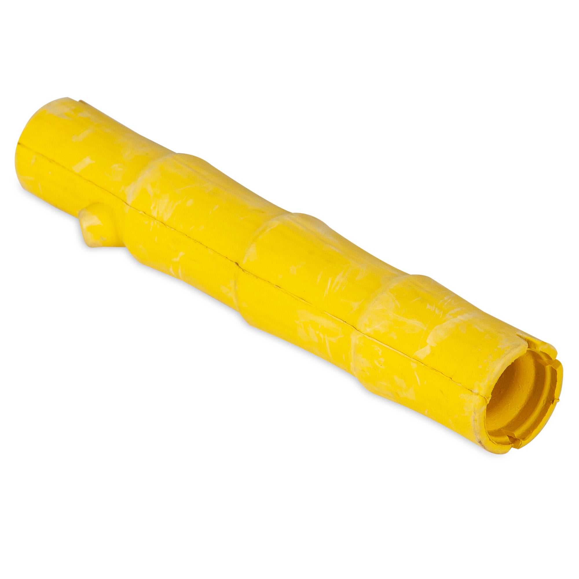 A yellow JW Bamboo Stick by Jw, resembling a bamboo stalk with a hollow interior and segmented design like a sturdy dog toy, rests horizontally on a white background.