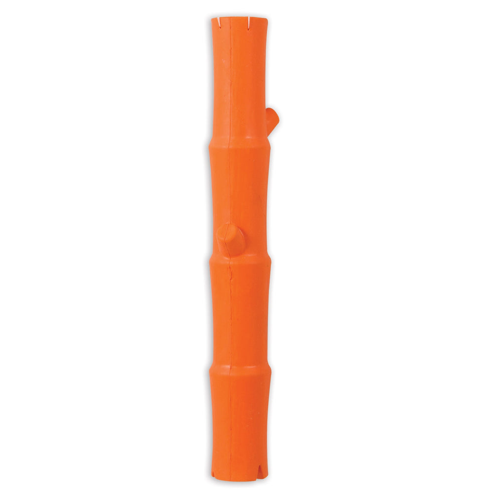 The JW Bamboo Stick from Jw is an orange rubber dog toy shaped like a bamboo stick with segmented sections and a small knob resembling a branch, shown standing upright on a plain white background.