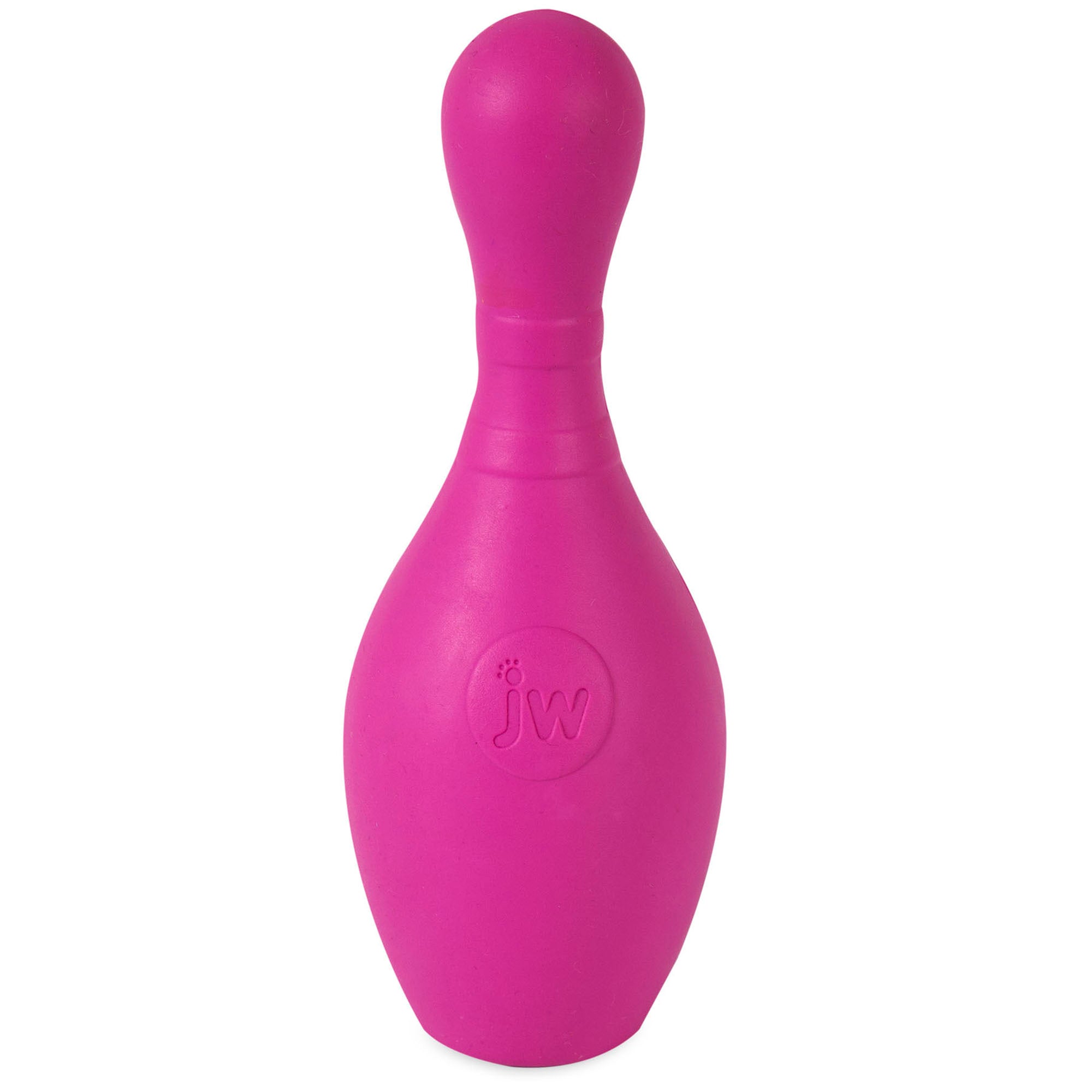 The JW Bouncin Bowlin Pin Dog Toy, by Jw, is a pink bowling pin-shaped interactive toy made of durable rubber, embossed with JW, ideal for chewing and teething puppies.