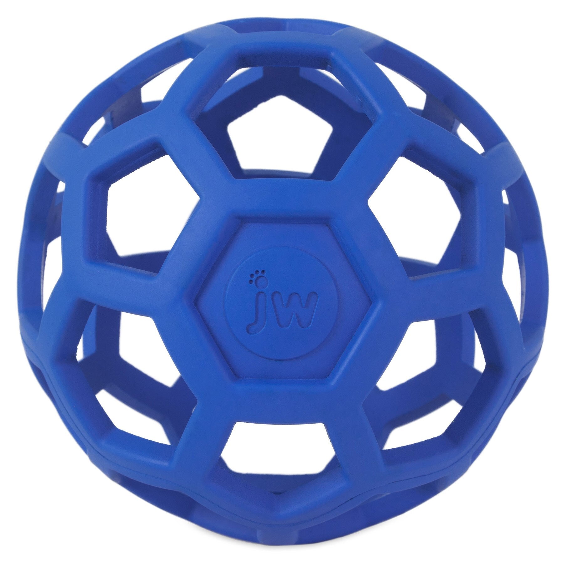 The JW Hol-ee Roller Dog Toy by Jw is a versatile puzzle dog toy featuring a blue rubber ball with a honeycomb pattern and hexagonal holes. The letters jw and a paw print design are embossed on its surface, crafted from natural rubber for durability and fun.