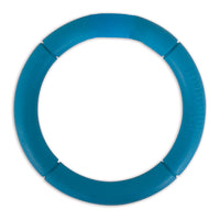 The JW Invincible Chains Dog Toy by Jw is a durable blue circular frisbee with four sections separated by gaps, set against a white background. Its smooth surface and raised text make it perfect for interactive play, making it an ideal choice for dogs.