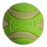 The Chuckit! Max Glow Ultra Squeaker Ball is a green rubber dog toy with beige stripes and texture, featuring Chuckit! embossed on the side, ideal for fetch.