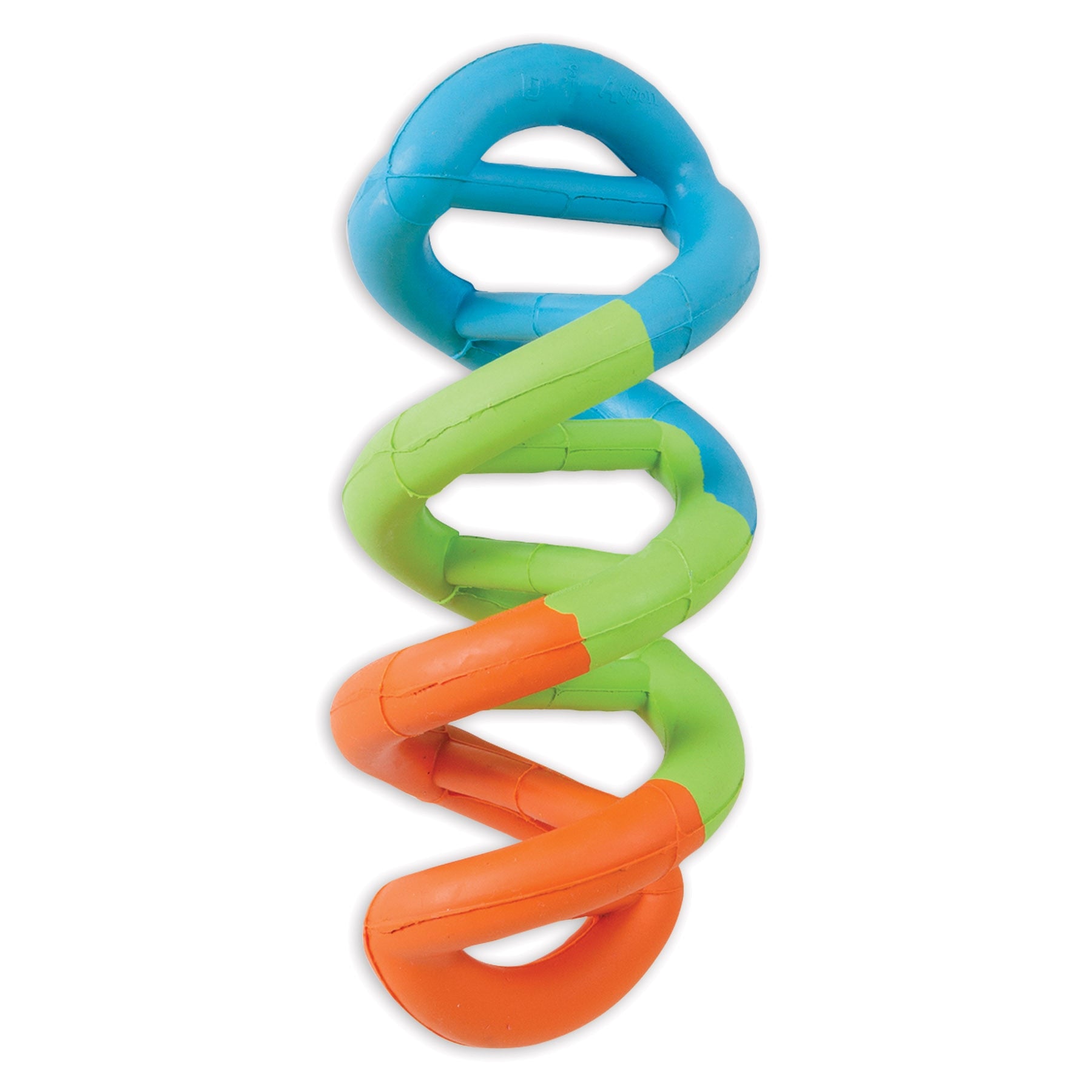 The JW Dogs In Action Rubber Dog Toy by Jw is a twisty, colorful, and flexible rubber toy with interlocking blue, green, and orange sections. Crafted from non-toxic rubber, it forms an elongated spiral shape designed for playful interaction.