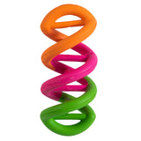 Introducing the JW Dogs In Action Rubber Dog Toy by Jw: A vibrant twisted spiral chew toy with interconnected orange, pink, and green segments. Made of non-toxic rubber, its helical design ensures a dynamic play experience for your pup.