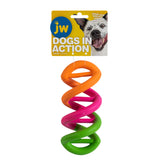The JW Dogs In Action Rubber Dog Toy by JW features a vibrant spiral design in orange, pink, and green. Made from non-toxic rubber, this durable chew toy promises endless fun. The packaging showcases a happy dog, emphasizing its strength and playful potential.