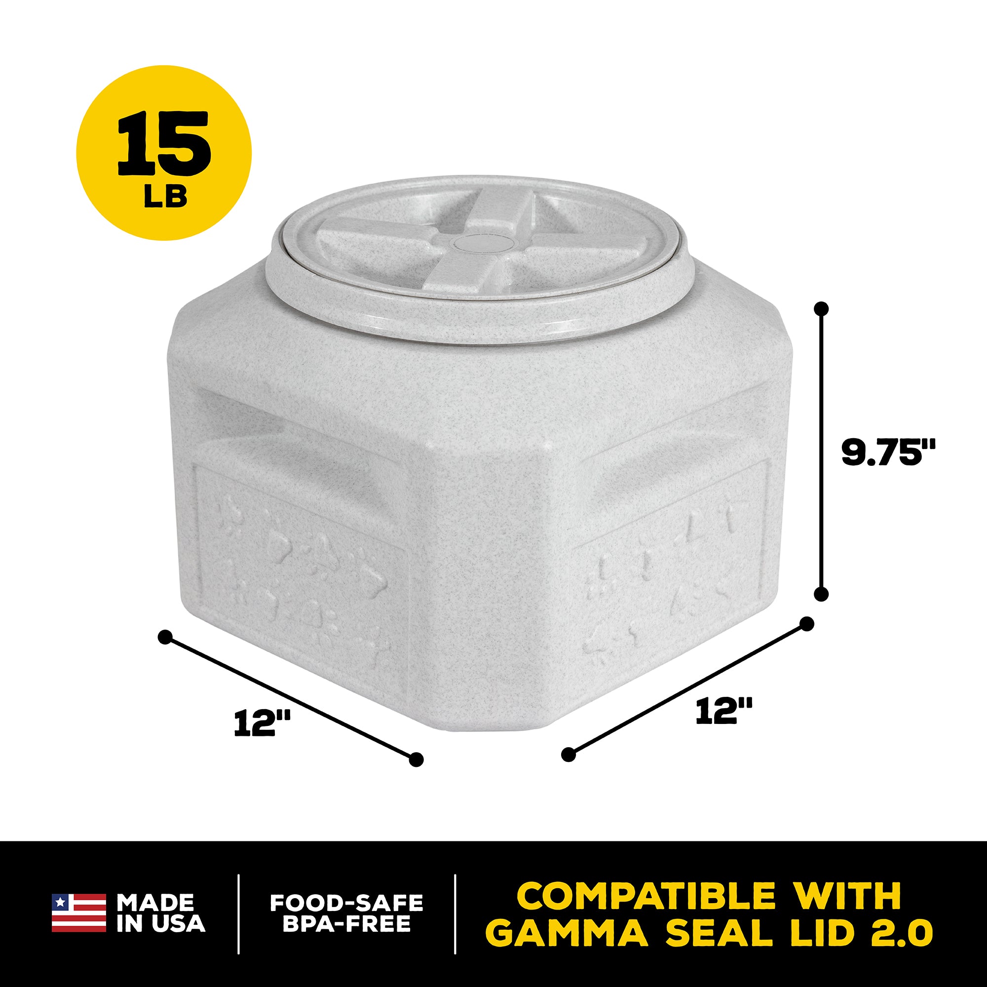 The Vittles Vault Pawprint Outback Food Storage Container, by Vittles Vault, is a 15 lb gray USA-made container perfect for pet food. It features BPA-free plastic and an upgraded Gamma Seal Lid 2.0 with airtight seal. Dimensions: 12 x 12 x 9.75.