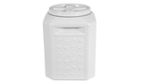 The Vittles Vault Pawprint Outback Food Storage Container features an airtight round lid and a raised panel with a leaf design. Made from BPA-free plastic, its angular shape and smooth surfaces make it ideal for storing pet food. The containers background is white.