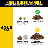 Infographic shows kibble size variation for a 40 lb dog food bag. Left: Small, pea-sized kibble with checkmark, labeled True to Size. Right: Large, dime-sized kibble recommended for storage in Vittles Vault Outback Stackable Pet Food Storage Container.