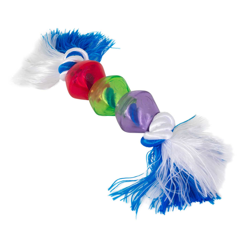The JW Treat Pods Rope Dog Toy by Jw is a colorful chew toy with red, green, and purple plastic segments featuring paw prints, connected by a blue and white fringe-ended rope. Its perfect for playtime fun with treat pods for extra excitement!.