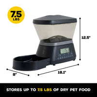 The GAMMA2 NANO Automated Pet Feeder by Gamma2 has Gamma Seal Technology, a digital display reading 11:53, a transparent container with a feeding dish below, and holds up to 7.5 lbs of dry food. Its dimensions are 12.5 tall, 18.1 wide, and 8 deep.