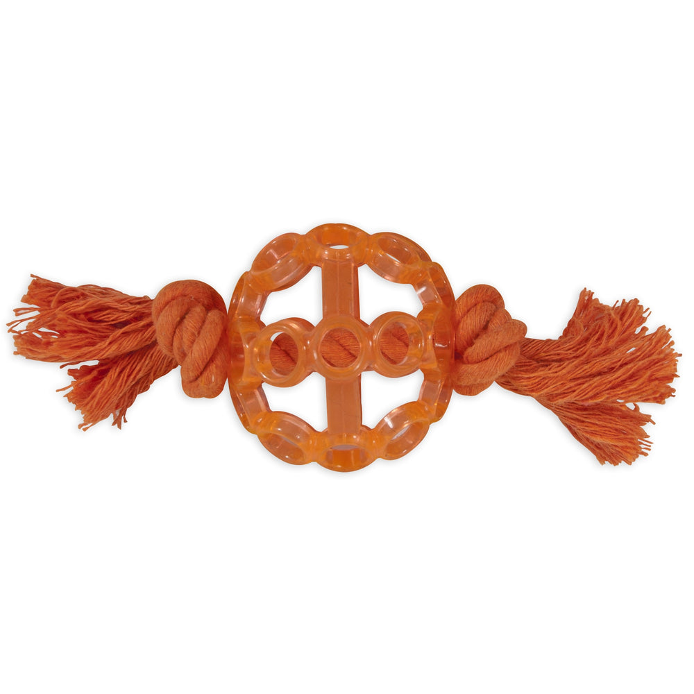 The JW Playplace Lattice Ball Dog Toy by Jw features an orange circular plastic center with textured rings, two knotted ropes on each end, and frayed tassel-like ends. This non-toxic toy is ideal for tough chewers.