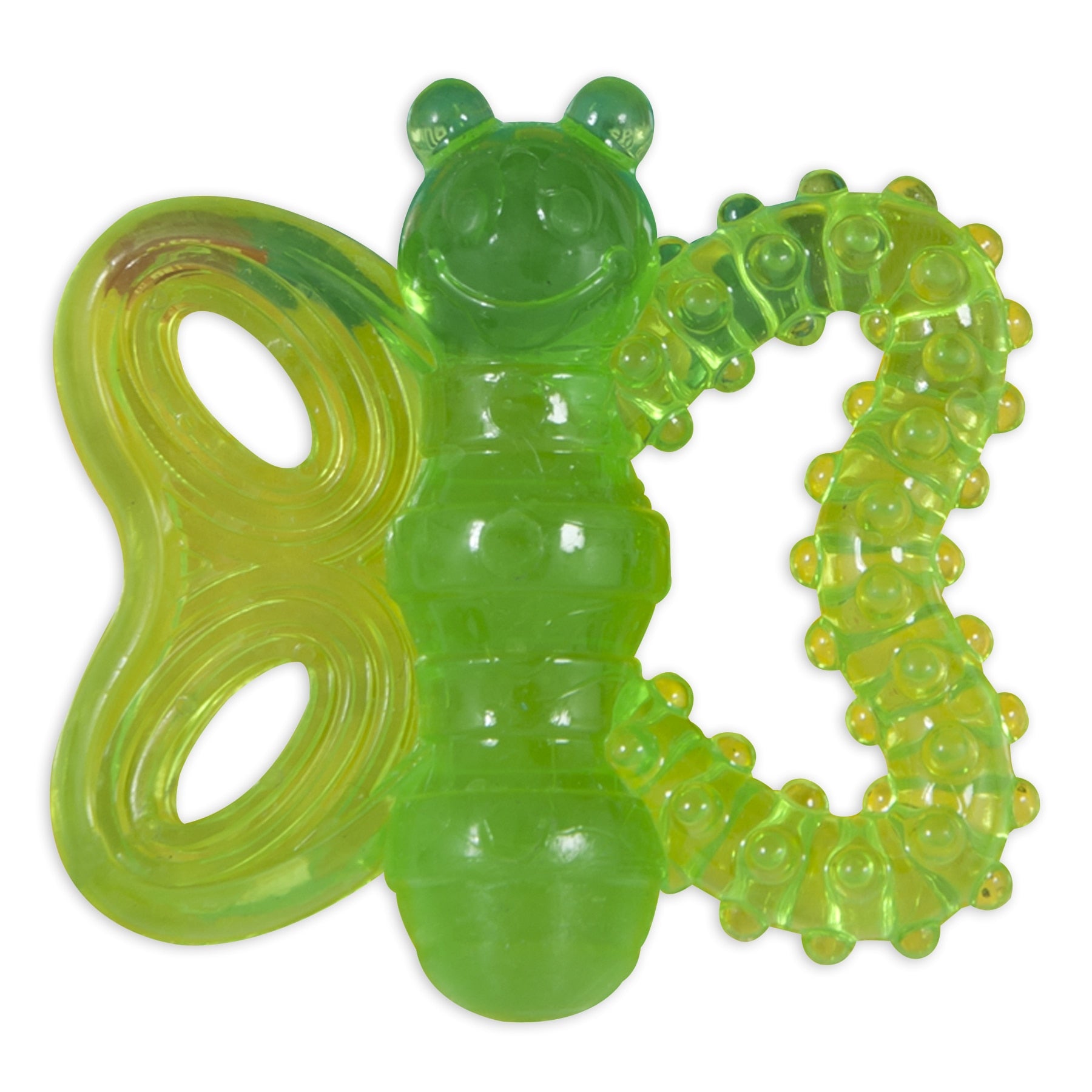 The JW Butterfly Puppy Teether Chew Toy by Jw is a green and yellow butterfly-shaped teether with varying patterns and a bumpy texture, offering soothing relief for babys gums. Its soft, flexible material mimics that of a gentle puppy chew toy.