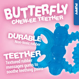 A pink ad features the JW Butterfly Puppy Teether Chew Toy showing a blue butterfly-shaped teether. It highlights BUTTERFLY CHEW-EE TEETHER, DURABLE Non-toxic rubber, and Textured rubber massages gums for ultimate relief, with a side label that reads PUPPY Teether to indicate versatility.