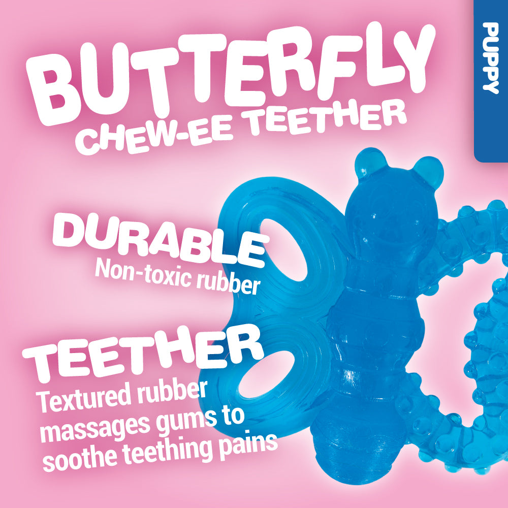 A pink ad features the JW Butterfly Puppy Teether Chew Toy showing a blue butterfly-shaped teether. It highlights BUTTERFLY CHEW-EE TEETHER, DURABLE Non-toxic rubber, and Textured rubber massages gums for ultimate relief, with a side label that reads PUPPY Teether to indicate versatility.