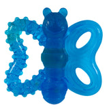 The JW Butterfly Puppy Teether Chew Toy in blue offers soothing relief with one side featuring round textured bumps and the other resembling butterfly wings, while a smiling face adorns the top.