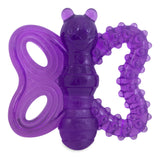The JW Butterfly Puppy Teether Chew Toy from Jw is a purple, butterfly-shaped teething toy featuring textured wings, a smiling caterpillar center, and oval cutouts on one wing for soothing infant gums.