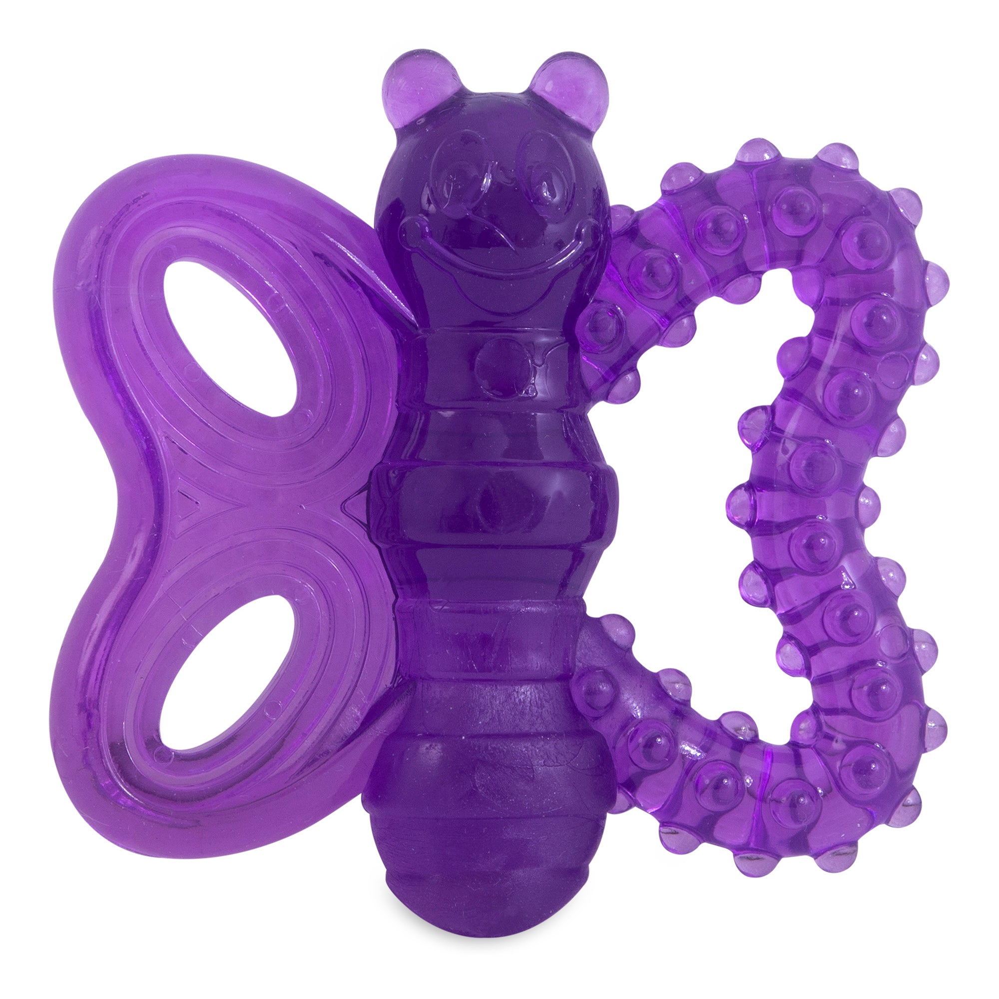 The JW Butterfly Puppy Teether Chew Toy from Jw is a purple, butterfly-shaped teething toy featuring textured wings, a smiling caterpillar center, and oval cutouts on one wing for soothing infant gums.