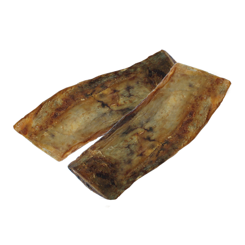 Two Wild Eats Water Rib Bones, resembling natural chews, lie side by side against a white background. They feature a slightly curved shape with light brown coloring and boast a glossy, textured surface typical of Water Buffalo chews.
