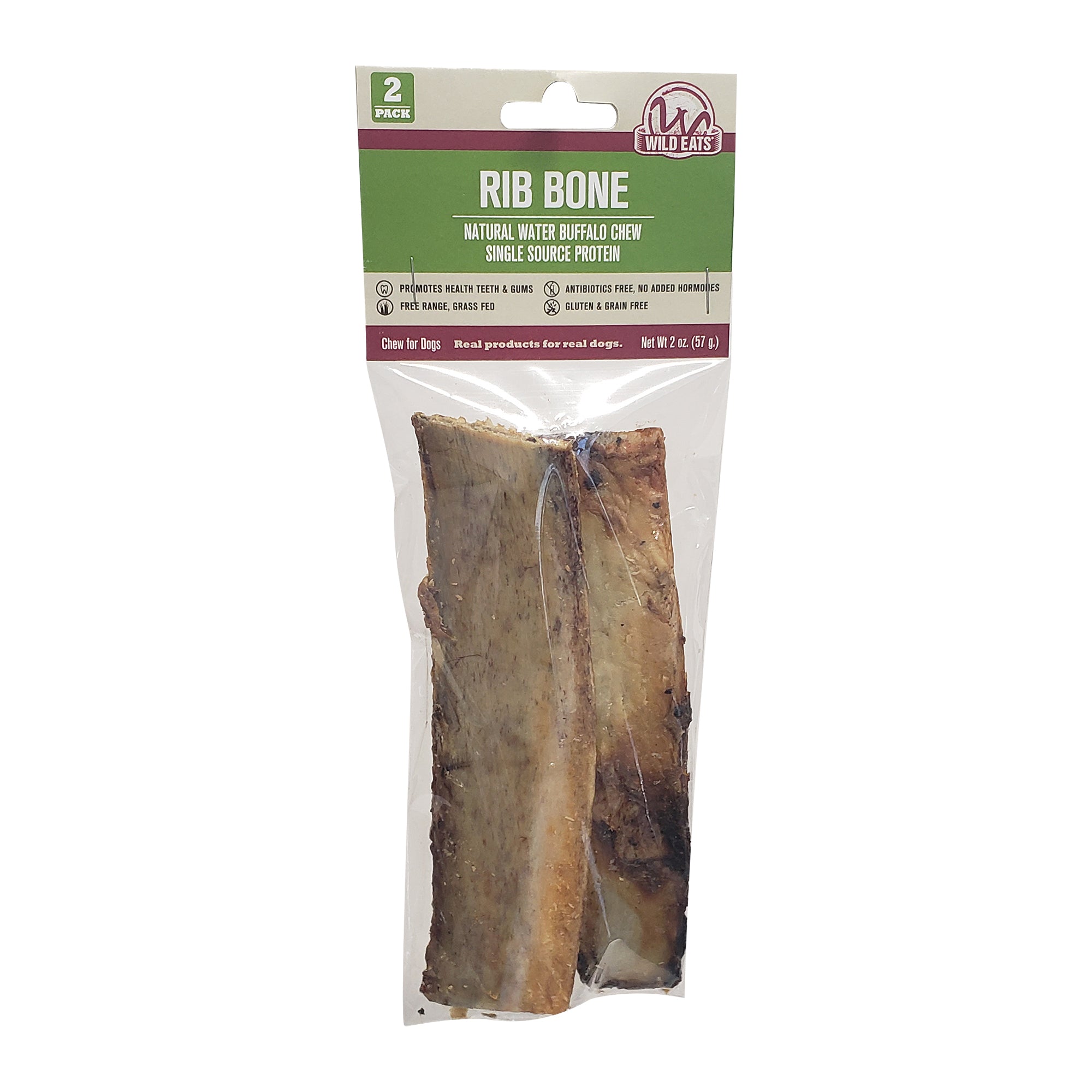 The image shows a 12 oz transparent package labeled Wild Eats Water Rib Bone, featuring two rib bones. The package highlights Natural Free-Range Water Buffalo Chew, Single Source Protein, 2 Pack.