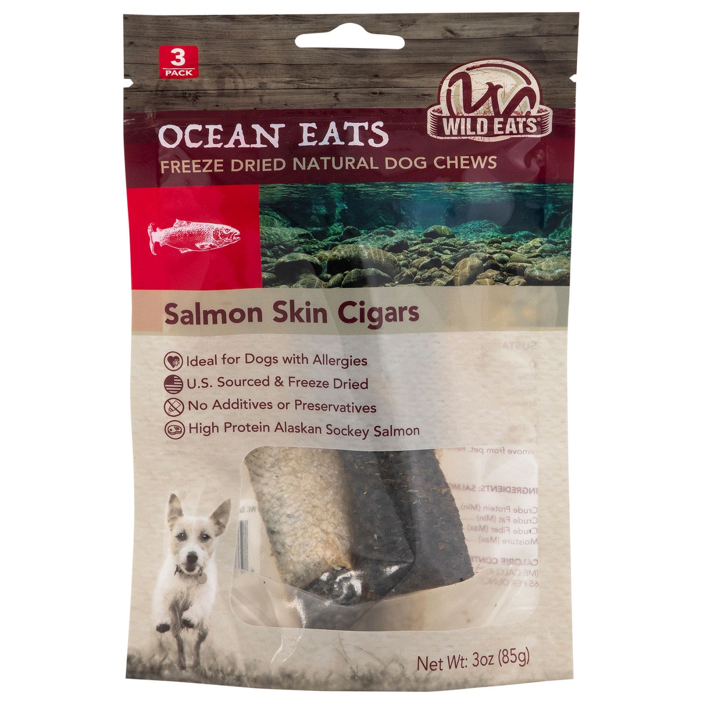 Wild Eats Salmon Cigars 6 are freeze-dried dog chews ideal for pups with allergies, promoting healthy skin and coat. Made from high-protein, U.S.-sourced Alaskan sockeye salmon, the product has a net weight of 3oz (85g).