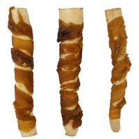 Three Wild Eats Water Buffalo Tails With Jerky, rawhide chew sticks by Wild Eats, wrapped in brown dried meat, resemble natural water buffalo and are displayed vertically on a white background.