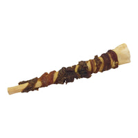 The Wild Eats Bully Tails With Steak is a gluten-free, bone-shaped dog chew treat wrapped with dried, dark brown steak. The contrasting spiral of meat around the pale bone offers texture and color. The treat is shown on a white background.