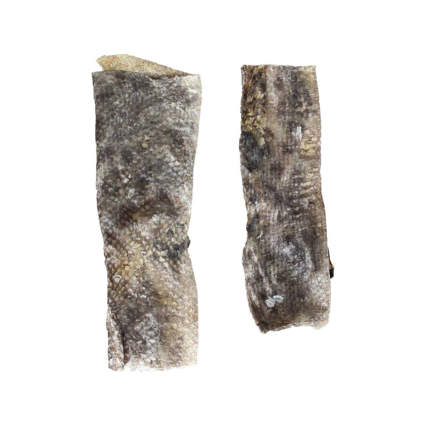 Two rectangular Wild Eats Cod Skin Flats with a scaly texture in shades of gray and brown, isolated on a white background.
