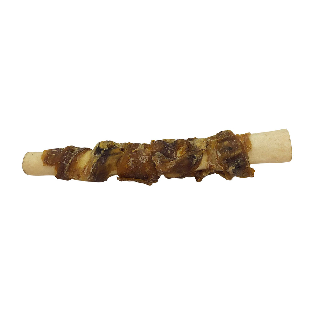 The Wild Eats Bully Tails With Steak by Wild Eats is a gluten-free cylindrical rawhide dog chew wrapped in dried meat. It boasts a textured white base and dark brown meat sections, designed for pet enjoyment. The product is isolated on a white background.