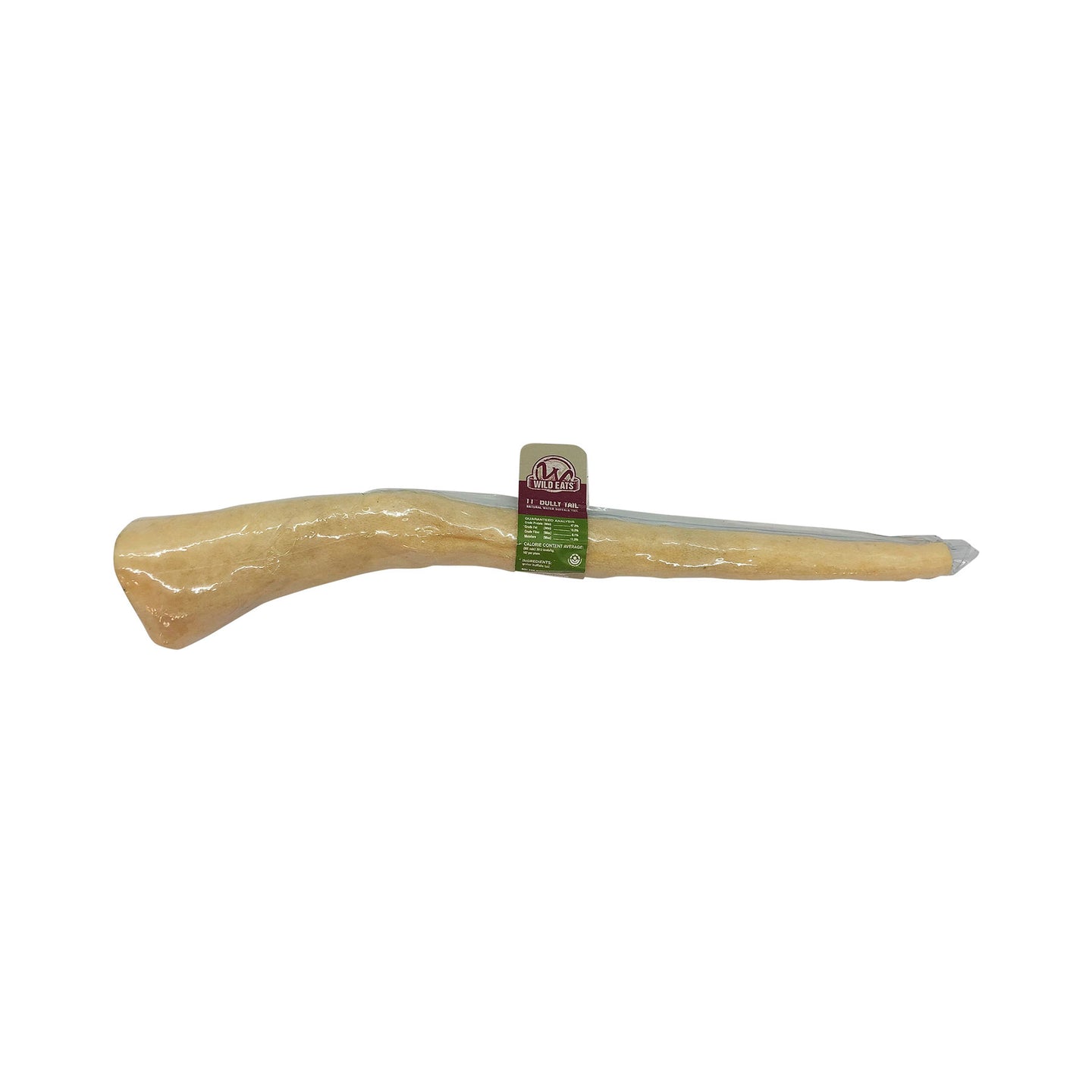 The Wild Eats Small Bully Tail, available in a bundle of four, is a long, light-brown dog chew with text and graphics on a green label. Made from grass-fed sources with a natural shape and wider end, it supports dental health for your furry friend.