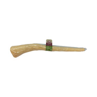 The Wild Eats Small Bully Tail, available in a bundle of four, is a long, light-brown dog chew with text and graphics on a green label. Made from grass-fed sources with a natural shape and wider end, it supports dental health for your furry friend.