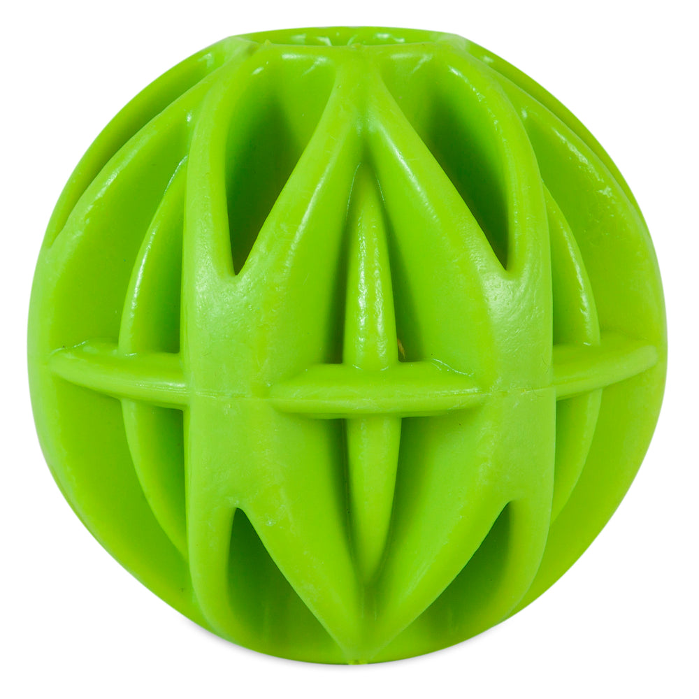 The JW Megalast Ball Dog Toy by Jw is a durable green rubber toy with a geometric design, featuring pointed triangular cutouts, raised ridges, and a glossy finish, perfect for interactive play thanks to its unique and textured appearance.