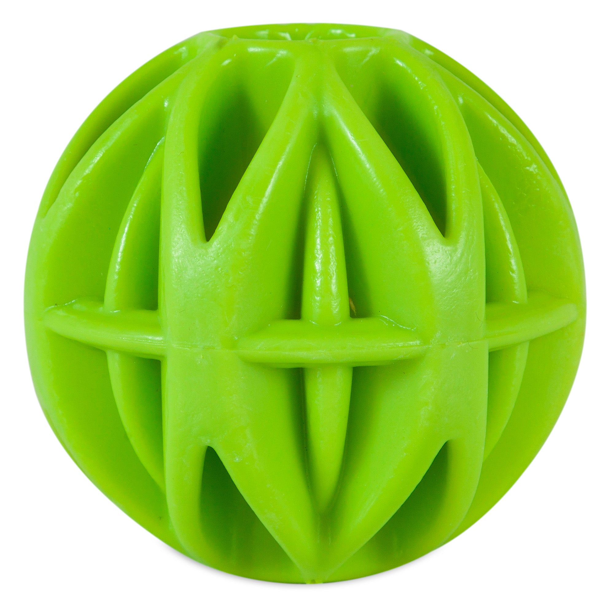The JW Megalast Ball Dog Toy by Jw is a durable green rubber toy with a geometric design, featuring pointed triangular cutouts, raised ridges, and a glossy finish, perfect for interactive play thanks to its unique and textured appearance.