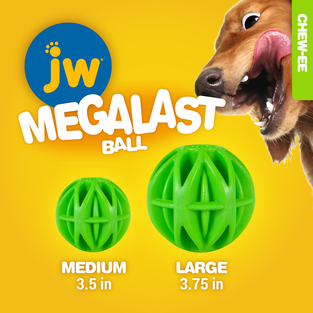 Advertisement for JW Megalast Ball Dog Toy by Jw—durable and perfect for interactive play. Two green balls, sizes Medium 3.5 in and Large 3.75 in, pop against a yellow background with a dog eagerly licking its lips next to a bold green Chew-ee stripe.