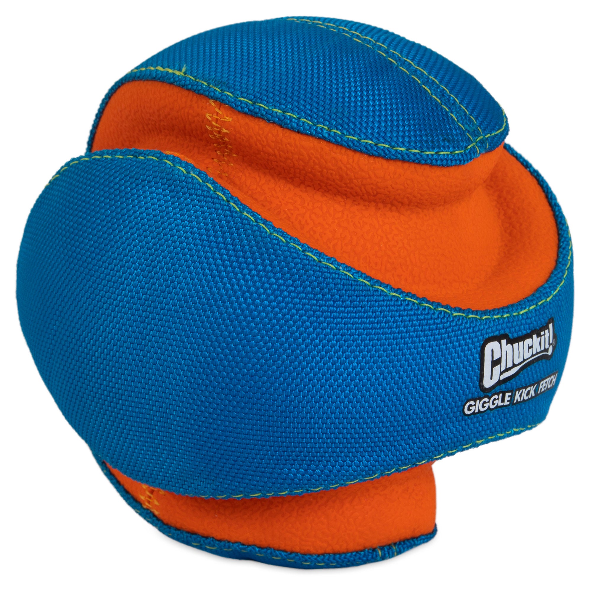 The Chuckit! Giggle Kick Fetch, a vibrant ball with textured blue and orange fabric and wavy edges, captivates pups. Its irregular shape promises playful fun, and the visible Chuckit logo assures quality.