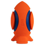 The Chuckit! Kickoff Dog Fetch Toy by Chuckit is an orange and blue rocket-shaped toy with a textured surface and Chuckit! embossed on it. Its durable design ensures its perfect for play, standing upright like a cartoonish rocket ready for liftoff.