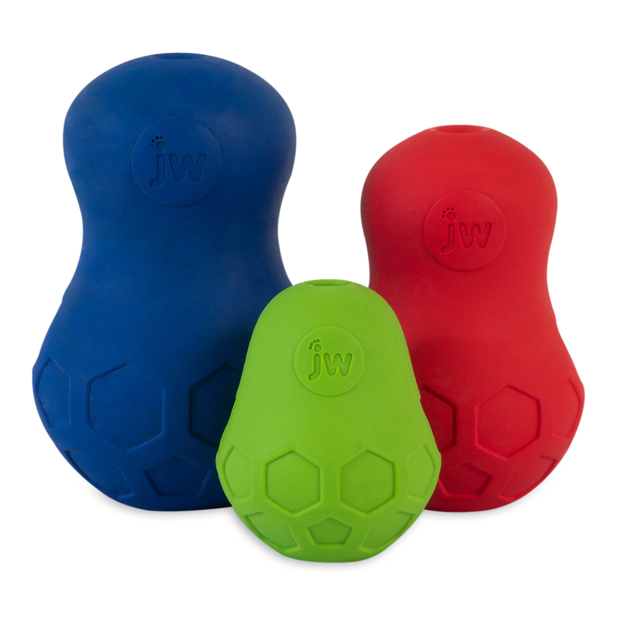 The JW Tumble Teez Dog Toy by Jw includes three rubber toys in blue, green, and red. Peanut-shaped with hexagonal textures and the jw logo, theyre ideal treat dispensers. Sizes vary: blue is largest, red is smallest.